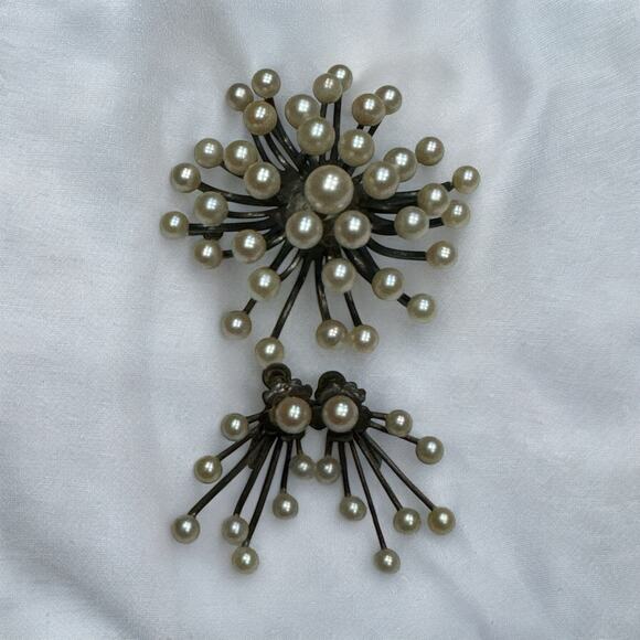 Vintage Mid Century Pearl Cluster Brooch and Matching Earrings, Sterling Silver